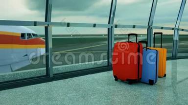 机场候机室的旅行行李。 旅游、旅游、旅游、旅游的概念